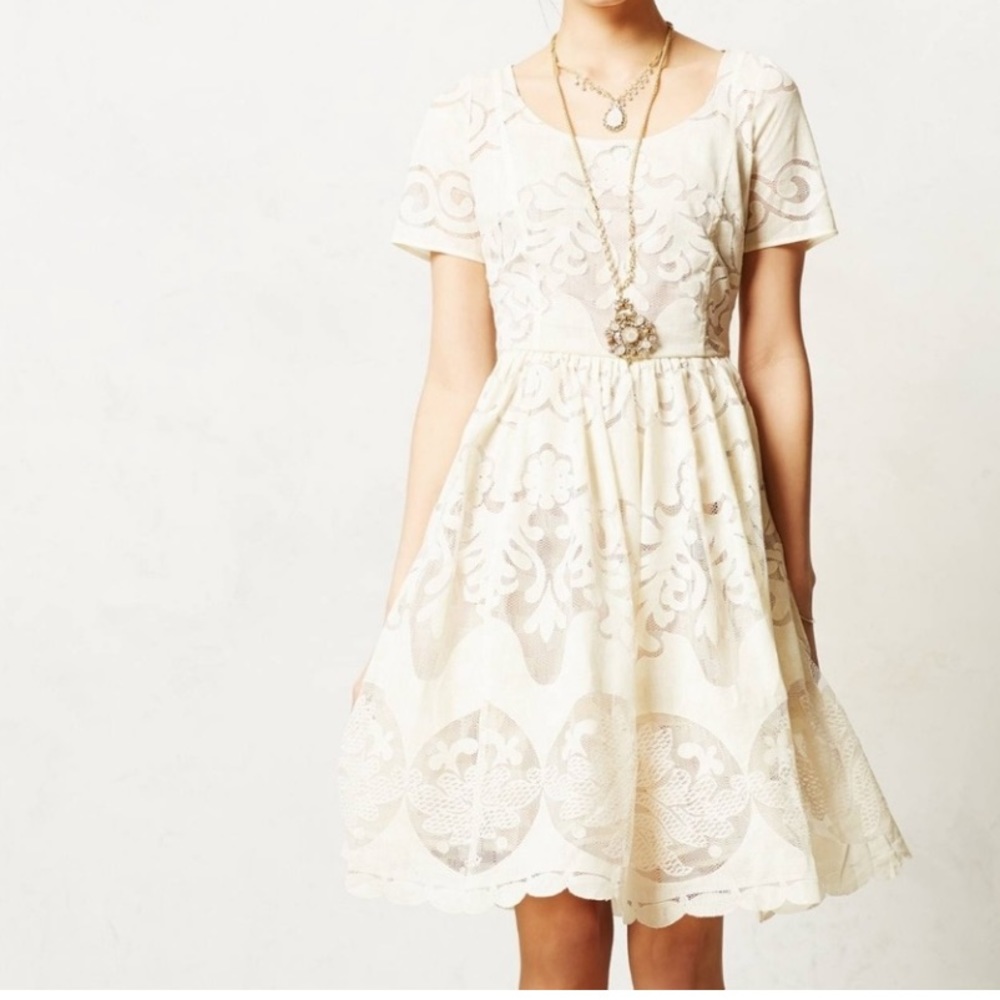 Anthropologie Cream Lace Short Dress for Wedding or Rehearsal, Size 4P